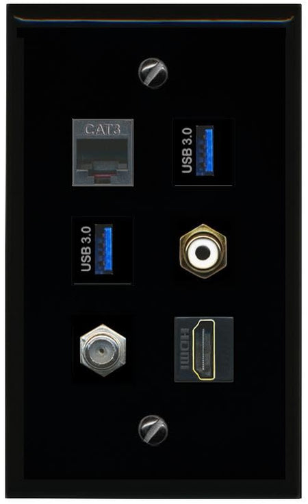 RiteAV Coax HDMI Phone RCA White 2 USB 3 Flat/Solid Wall Plate [Black]