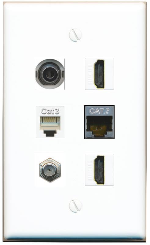 RiteAV 3.5mm CAT7 Coax 2 HDMI Phone Flat/Solid Wall Plate [White]