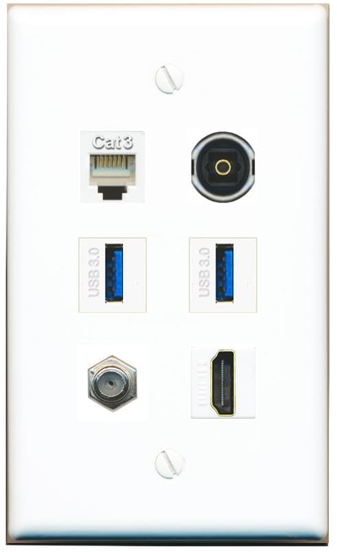 RiteAV Coax HDMI Phone TOSLINK 2 USB-3 Flat/Solid Wall Plate [White]