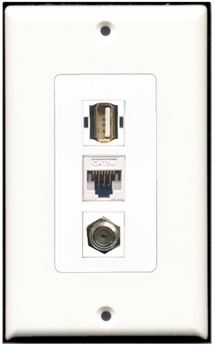 RiteAV 1 Port Coax Cable TV- F-Type 1 USB A-A 1 Cat5e Ethernet White Wall Plate OVERSIZED