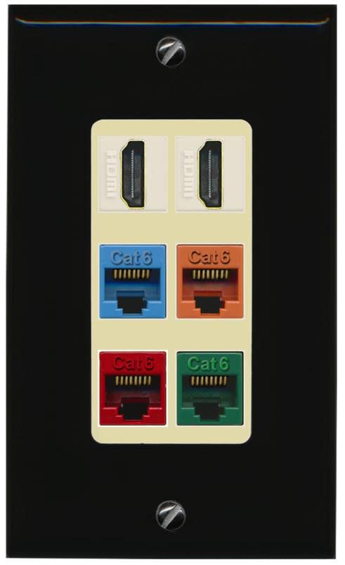 RiteAV 2 HDMI 4 Cat6 Ethernet Mixed Color Wall Plate - 1 Gang [Black/Ivory]