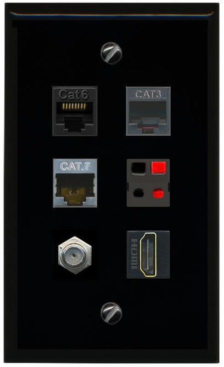 RiteAV CAT6 CAT7 COAX HDMI PHONE SPEAKER Flat/Solid Wall Plate [Black]