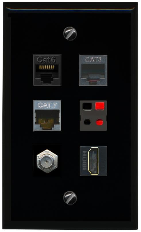 RiteAV CAT6 CAT7 COAX HDMI PHONE SPEAKER Flat/Solid Wall Plate [Black]