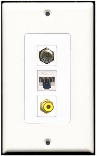 RiteAV 1 Port RCA Yellow 1 Coax Cable TV- F-Type 1 Cat5e Ethernet White Wall Plate OVERSIZED