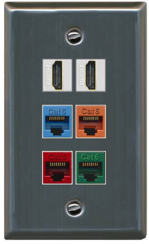 RiteAV 2 HDMI 4 Cat6 Ethernet Mixed Color Wall Plate - Flat [Stainless Steel]