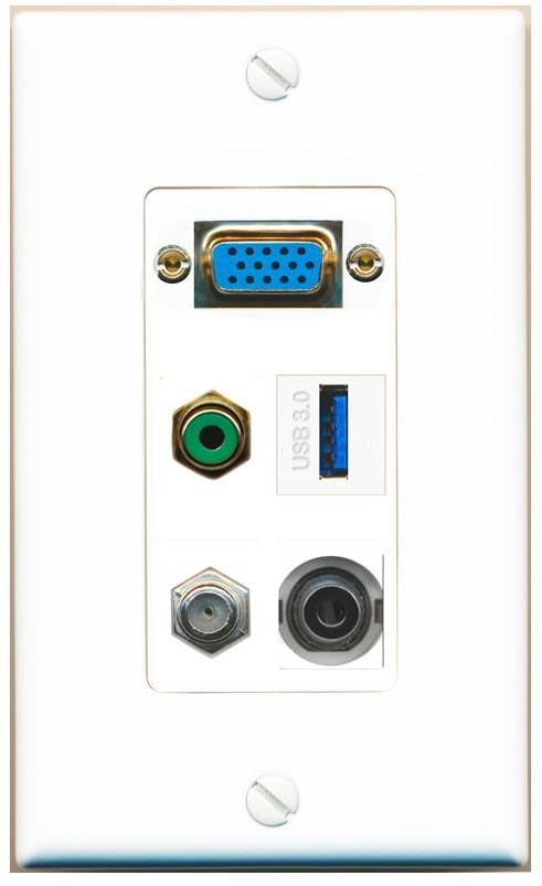 RiteAV SVGA + 3.5mm COAX RCA-GREEN USB-3 Wall Plate [White]