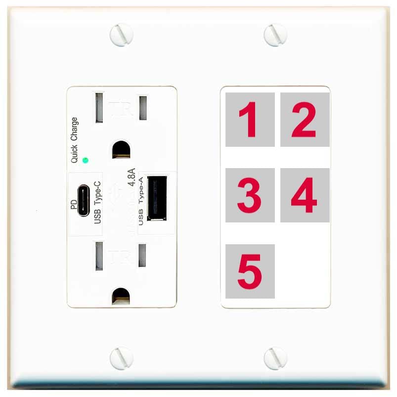 RiteAV - Custom Wall Plate 5 Port - USB A+C Charger [White/White]