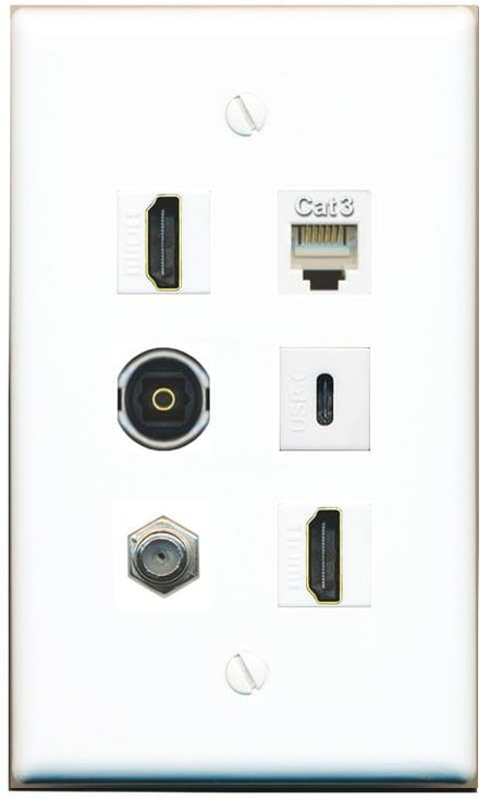 RiteAV Coax 2 HDMI Phone TOSLINK USBC Flat/Solid Wall Plate [White]