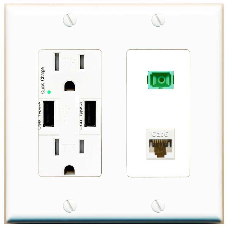 RiteAV 1 Port Fiber Optic Jack SC Simplex APC + Cat6 Wall Plate-USB Charger White
