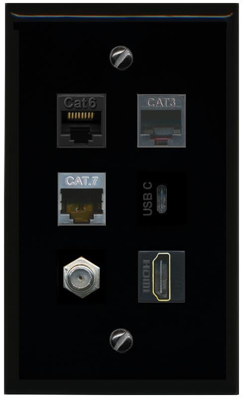 RiteAV CAT6 CAT7 Coax HDMI Phone USBC Flat/Solid Wall Plate [Black]