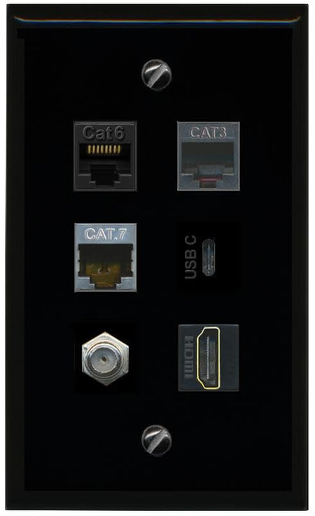 RiteAV CAT6 CAT7 Coax HDMI Phone USBC Flat/Solid Wall Plate [Black]