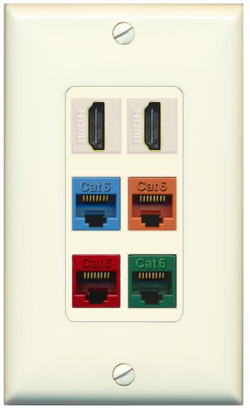 RiteAV 2 HDMI 4 Cat6 Ethernet Mixed Color Wall Plate - 1 Gang [Light-Almond]