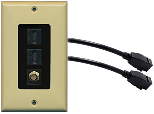 RiteAV (1 Gang Decorative 2 HDMI Black Coax Wall Plate w/Pigtail Extension Cable Ivory (Black Insert)