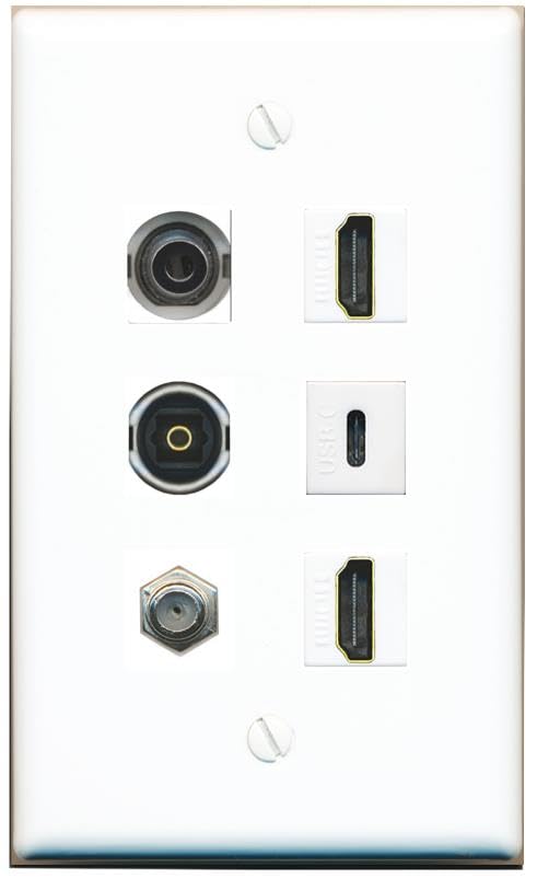 RiteAV 3.5mm Coax 2 HDMI TOSLINK USBC Flat/Solid Wall Plate [White]