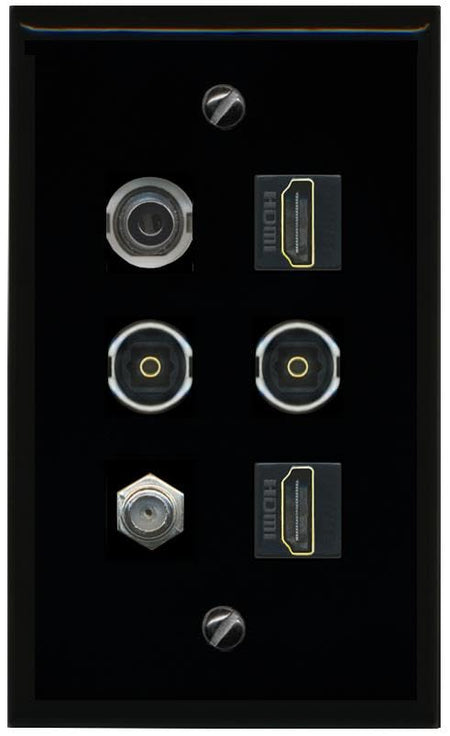 RiteAV 3.5mm Coax 2 HDMI 2 TOSLINK Flat/Solid Wall Plate [Black]