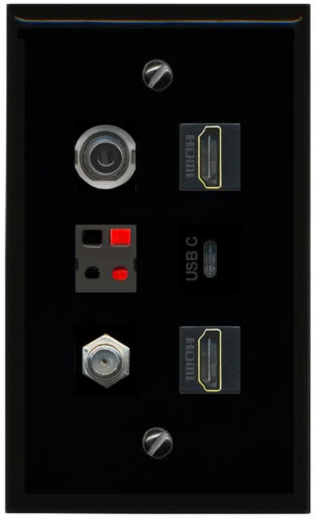 RiteAV 3.5mm Coax 2 HDMI Speaker USBC Flat/Solid Wall Plate [Black]