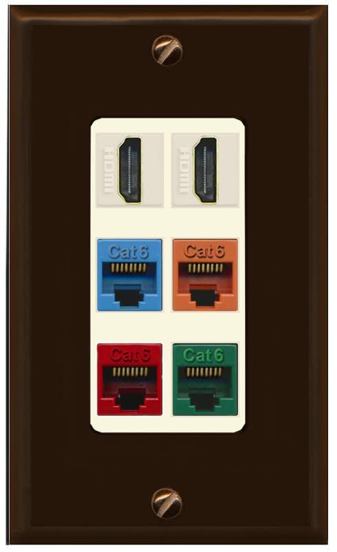 RiteAV 2 HDMI 4 Cat6 Ethernet Mixed Color Wall Plate - 1 Gang [Brown/Light-Almond]