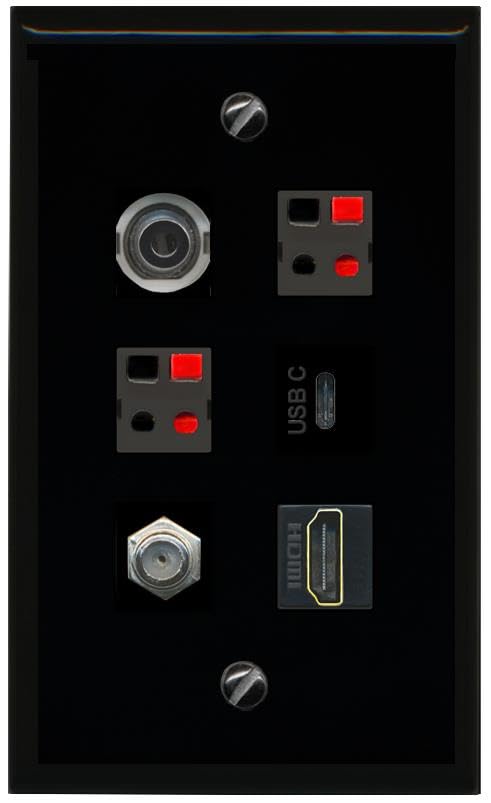RiteAV 3.5mm Coax HDMI 2 Speaker USBC Flat/Solid Wall Plate [Black]
