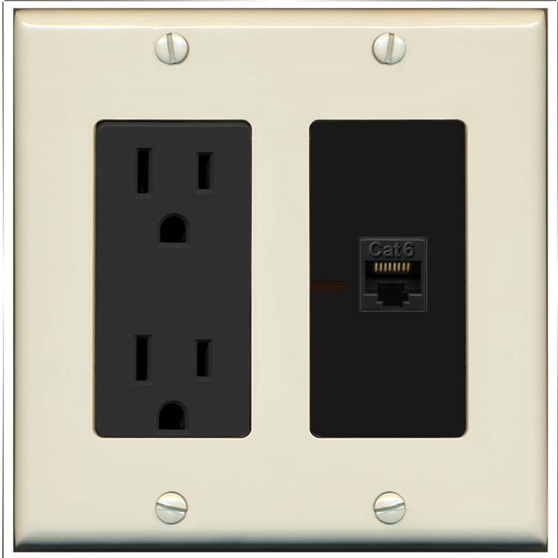 RiteAV 1 Port Cat6 Ethernet Wall Plate Female-Female - Outlet [Light-Almond/Black]