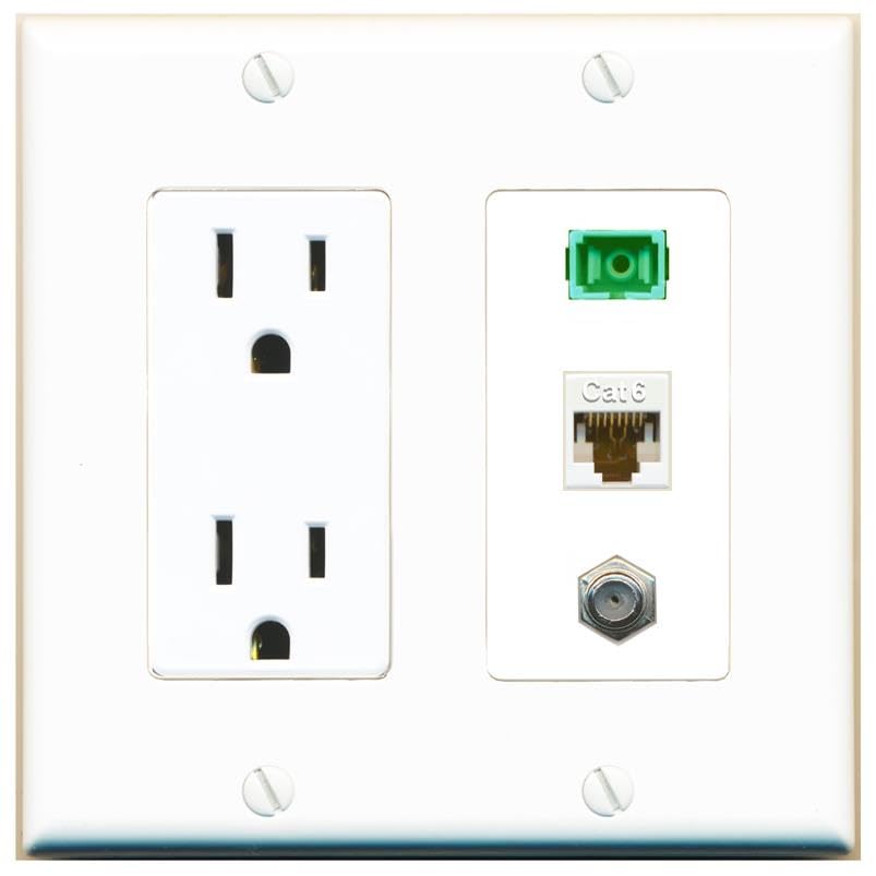 RiteAV 1 Port Fiber Optic Jack SC Simplex APC + Cat6 + Coax Wall Plate-Outlet White