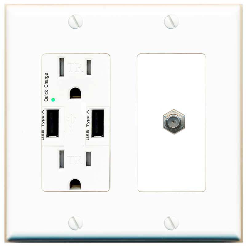 RiteAV 1 Port Coax Cable TV F-Type Wall Plate - USB Charger [White/White]