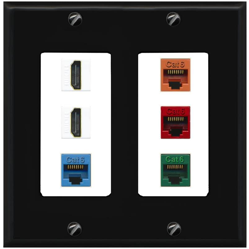 RiteAV 2 HDMI 4 Cat6 Ethernet Mixed Color Wall Plate - 2 Gang [Black/White]