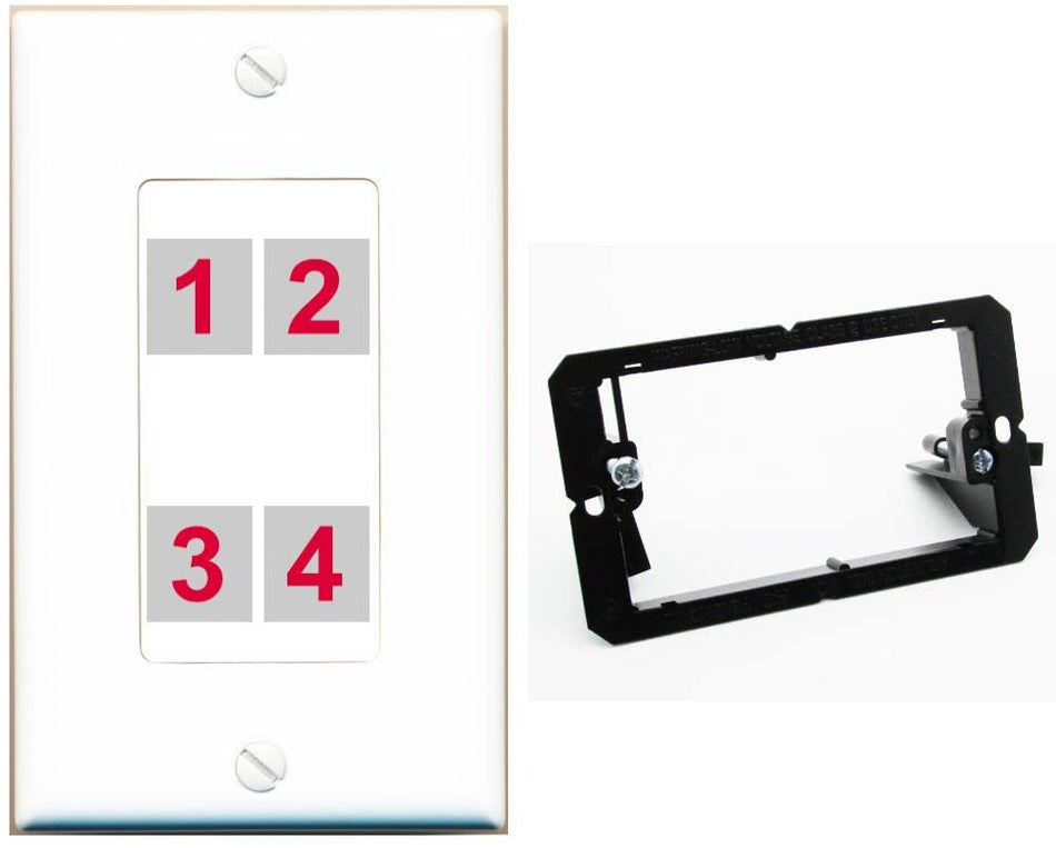 RiteAV Custom 4 Port Custom Wall Plate - 1 Gang w-Bracket [White/White]