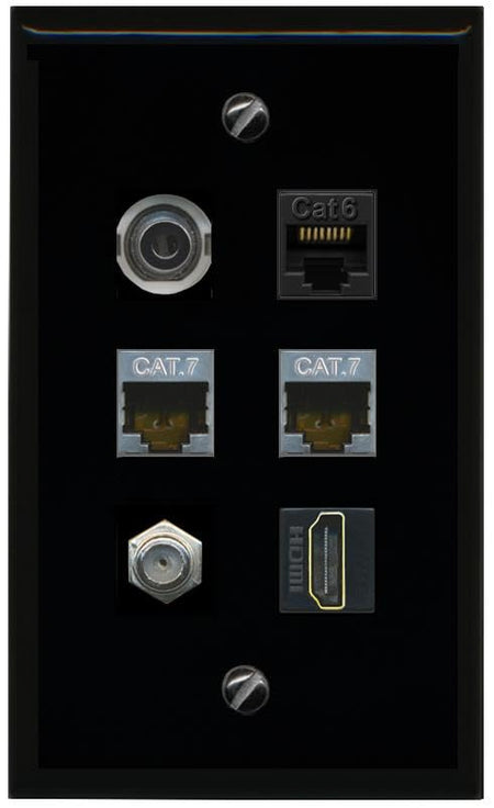 RiteAV 3.5mm CAT6 2 CAT7 COAX HDMI Flat/Solid Wall Plate [Black]