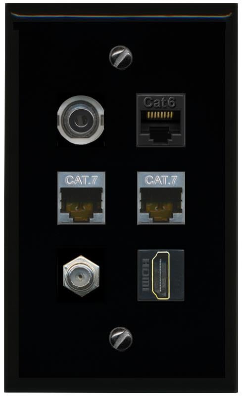 RiteAV 3.5mm CAT6 2 CAT7 COAX HDMI Flat/Solid Wall Plate [Black]