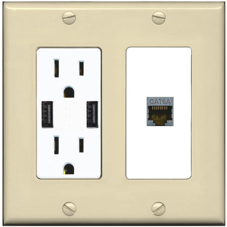 RiteAV 1 Port Cat6A Wall Plate - USB Charger [Ivory/White]