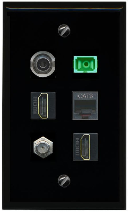 RiteAV 3.5mm COAX 2 HDMI PHONE SC APC Simplex Fiber Flat/Solid Wall Plate [Black]