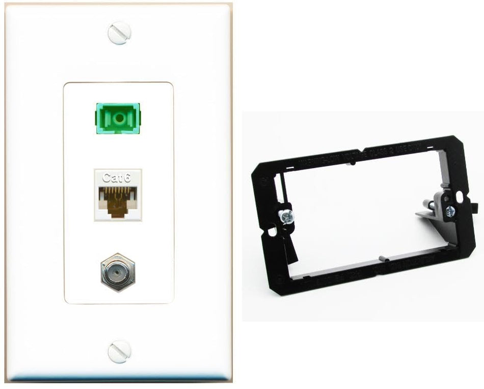 RiteAV 1 Port Fiber Optic Jack SC Simplex APC + Cat6 + Coax Wall Plate-Bracket White