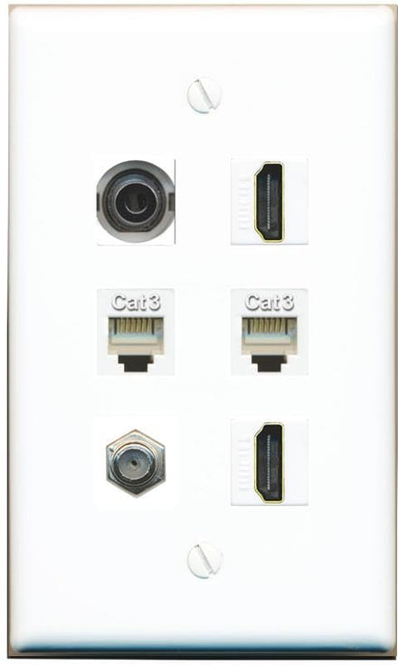 RiteAV 3.5mm Coax 2 HDMI 2 Phone Flat/Solid Wall Plate [White]