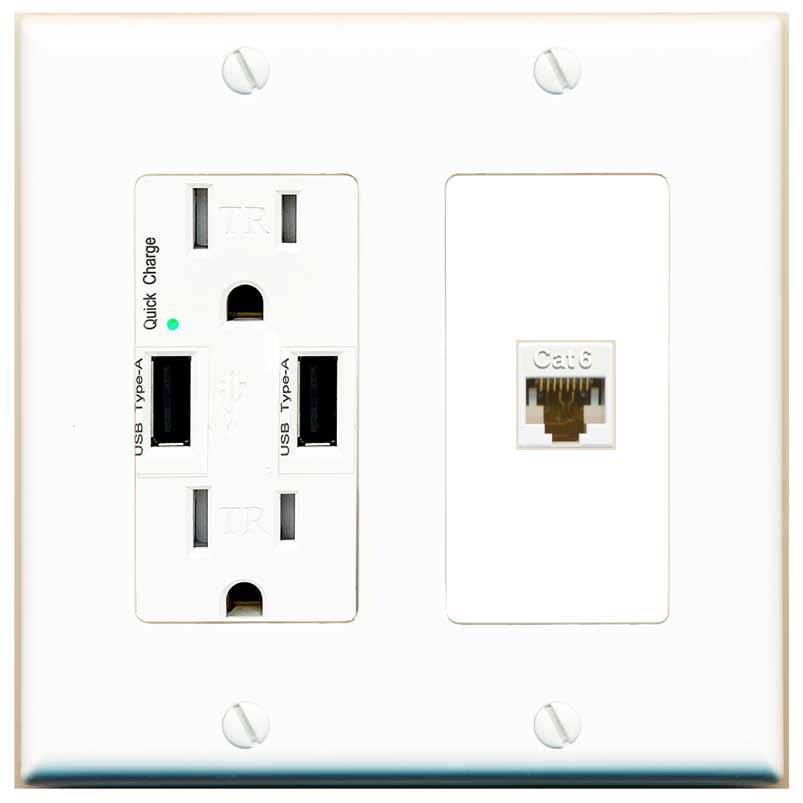 RiteAV 1 Port Cat6 Ethernet Wall Plate Female-Female - USB Charger [White/White]