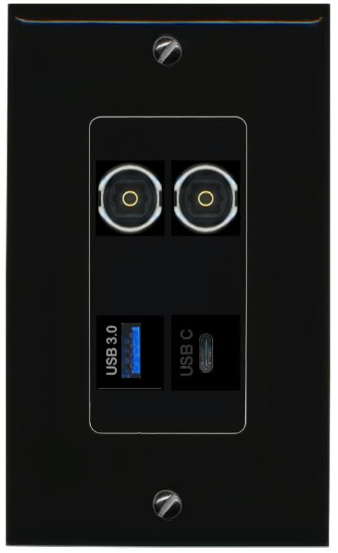 RiteAV 2 TOSLINK USB-3 USBC Wall Plate Decorative [Black]