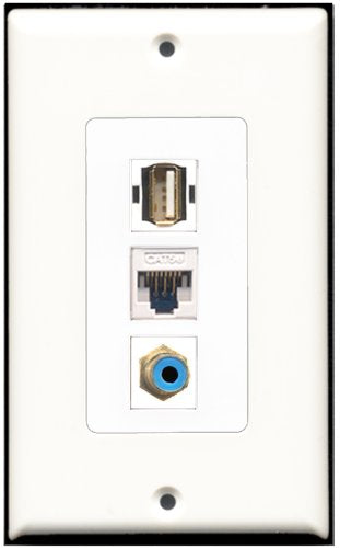 RiteAV 1 Port RCA Blue 1 USB A-A 1 Cat5e Ethernet White Wall Plate OVERSIZED