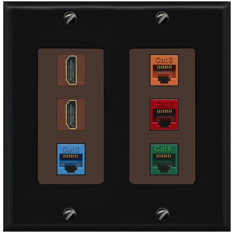 RiteAV 2 HDMI 4 Cat6 Ethernet Mixed Color Wall Plate - 2 Gang [Black/Brown]