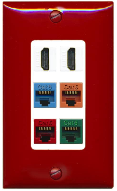 RiteAV 2 HDMI 4 Cat6 Ethernet Mixed Color Wall Plate - 1 Gang [Red/White]