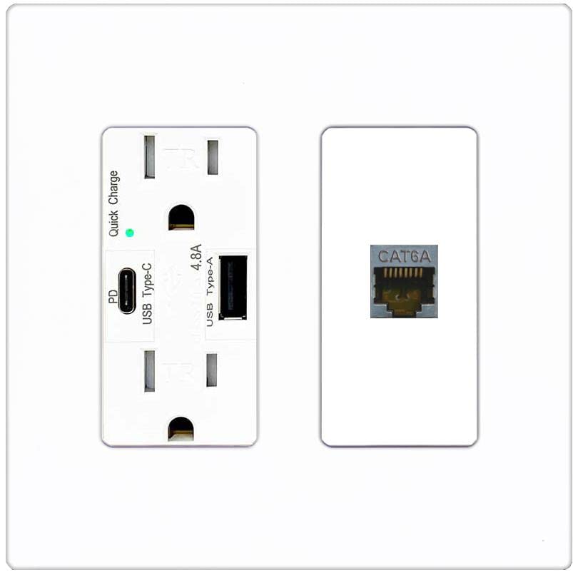 RiteAV 1 Port Cat6A Wall Plate - USB A+C Charger [Screwless White]