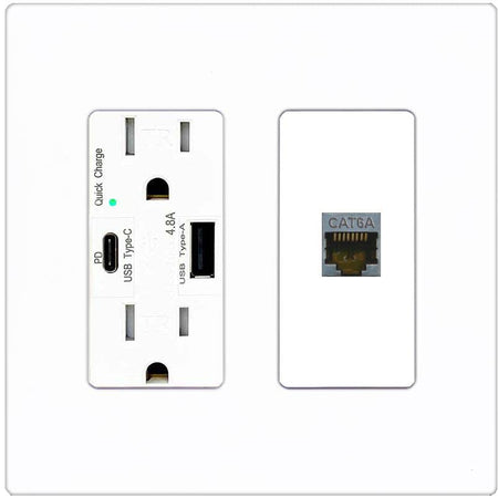 RiteAV 1 Port Cat6A Wall Plate - USB A+C Charger [Screwless White]