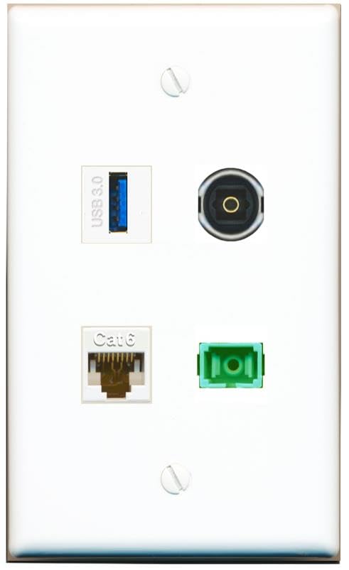 RiteAV - CAT6 SC-APC Singlemode Simplex TOSLINK USB-3 Wall Plate Flat White