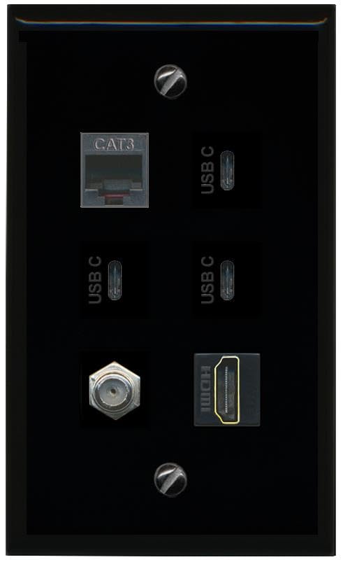 RiteAV Coax HDMI Phone 3 USBC Flat/Solid Wall Plate [Black]