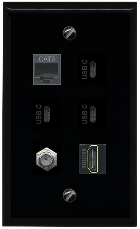 RiteAV Coax HDMI Phone 3 USBC Flat/Solid Wall Plate [Black]