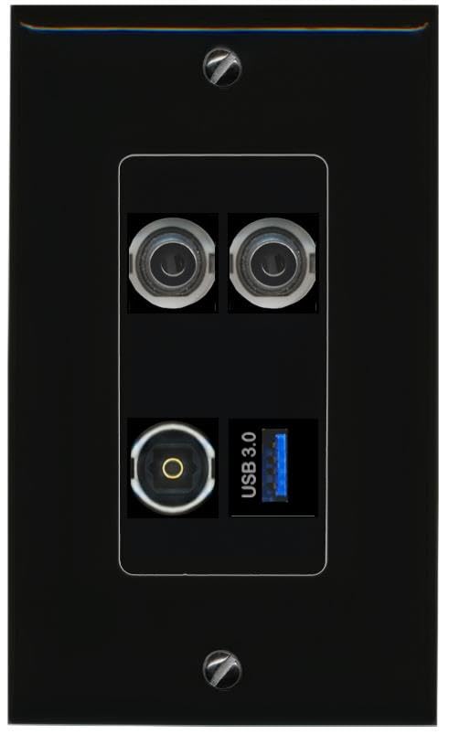 RiteAV 2 3.5mm TOSLINK USB-3 Wall Plate Decorative [Black]