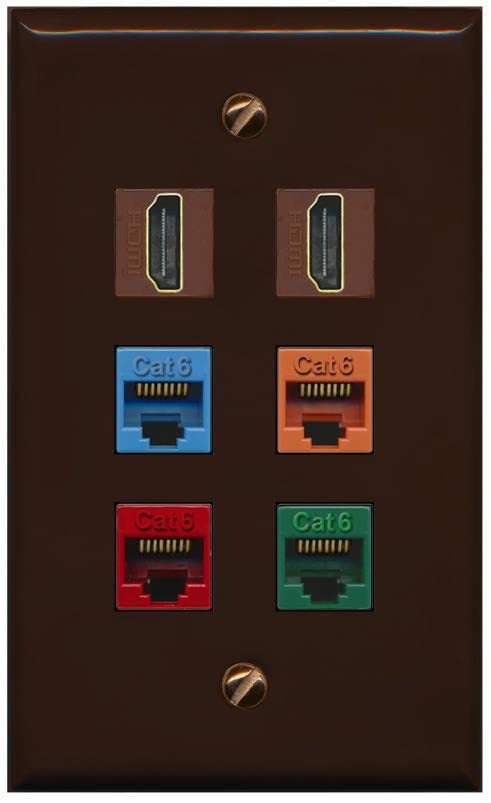 RiteAV 2 HDMI 4 Cat6 Ethernet Mixed Color Wall Plate - Flat [Brown/Brown]