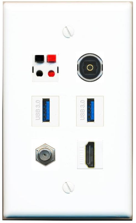 RiteAV COAX HDMI SPEAKER TOSLINK 2 USB-3 Flat/Solid Wall Plate [White]