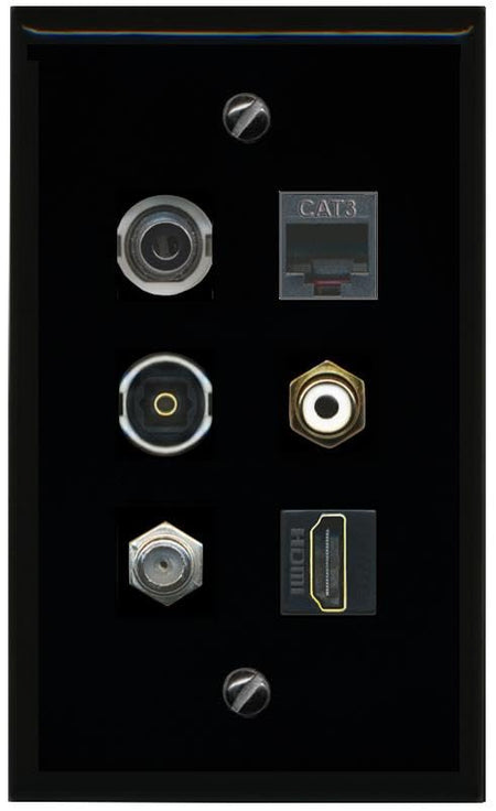 RiteAV 3.5mm COAX HDMI PHONE RCA WHITE TOSLINK Flat/Solid Wall Plate [Black]