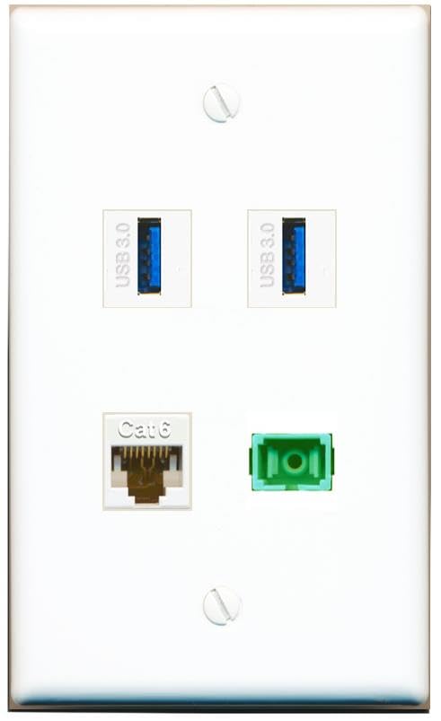 RiteAV - CAT6 SC-APC Singlemode Simplex 2 USB-3 Wall Plate Flat White