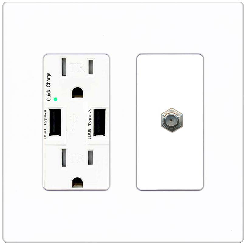 RiteAV 1 Port Coax Cable TV F-Type Wall Plate - USB Charger [Screwless White]