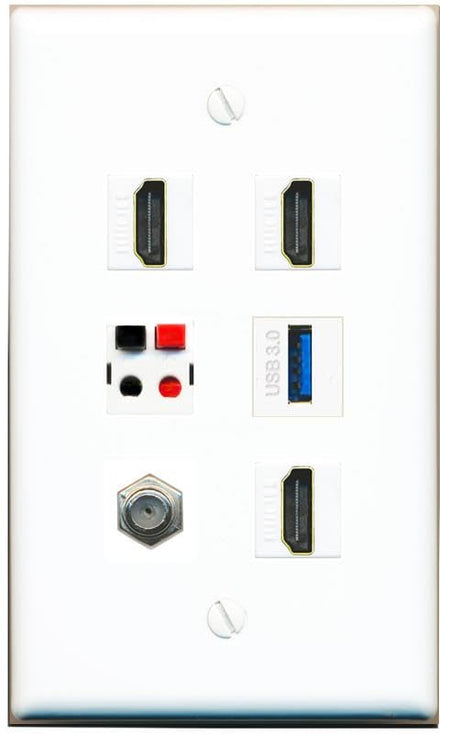 RiteAV COAX 3 HDMI SPEAKER USB-3 Flat/Solid Wall Plate [White]
